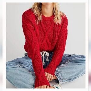Free People Vibrant Red Cable Knit Sweater